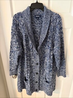 Lands' End Drifter Blue Marled Cable-Knit Shawl-Collar Cardigan Sweater Plus 3X